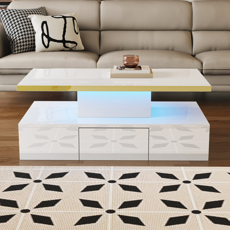 Couchtisch, Tisch mit Schubladen, Hochglanzlackierung, Beistelltisch mit zwei Ablageebenen. Mit LED-Licht