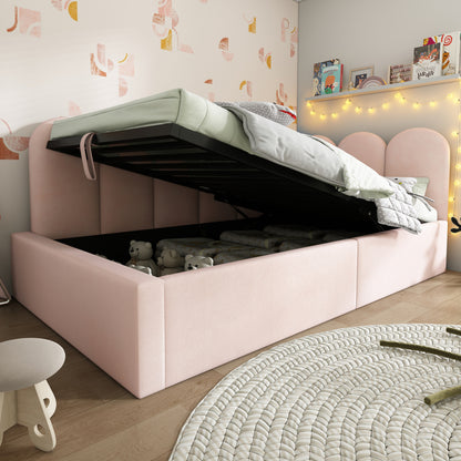 Polsterbett Daybett,Tagesbett Schlafsofa mit hydraulischem Stauraum, Kinderbett mit Metall-Lattenrost, Samt, Rosa, ohne Matratze
