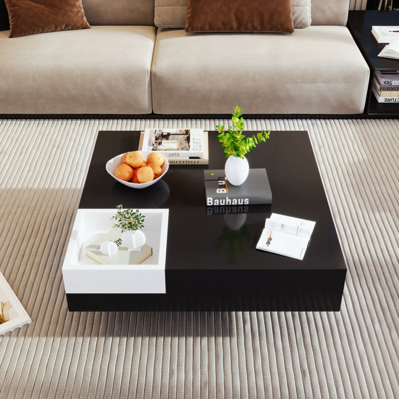 Couchtisch, Hochglanz-Wohnzimmertisch, Beistelltisch mit abnehmbarer Aufbewahrungsbox, Farbblockweiß und Schwarz, 72*72*30 cm, Mit LED-Lichteffekt.