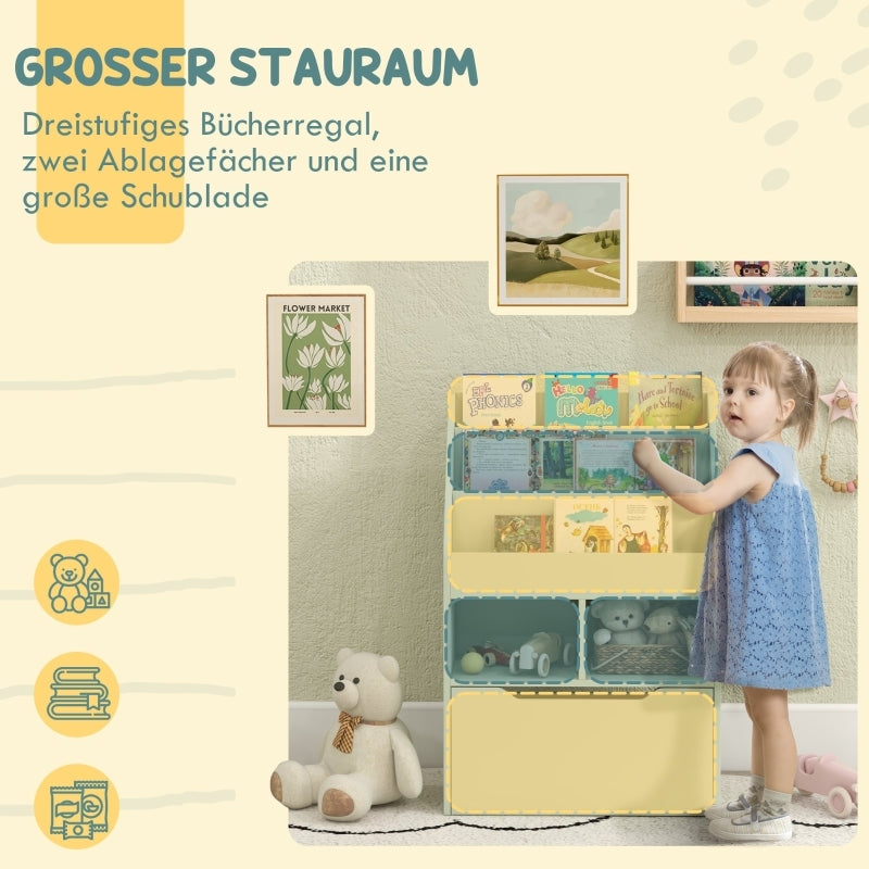 Kinder Bücherregal Kinderregal mit Schublade, 3 Ablagefächern und 2 offenen Fächern, Aufbewahrungsregal für Kinderzimmer, Spielzimmer, Hellgrün