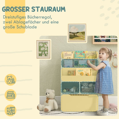 Kinder Bücherregal Kinderregal mit Schublade, 3 Ablagefächern und 2 offenen Fächern, Aufbewahrungsregal für Kinderzimmer, Spielzimmer, Hellgrün