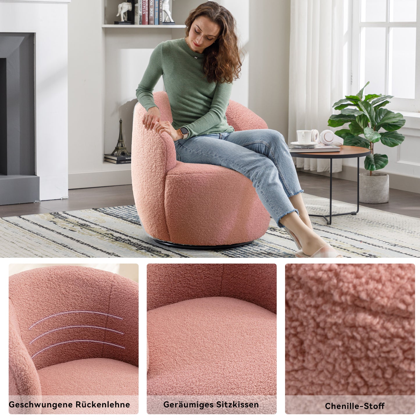 Drehbarer Akzentsessel aus weichem Teddy-Stoff mit Metallring in Pulverbeschichtung, Rosa