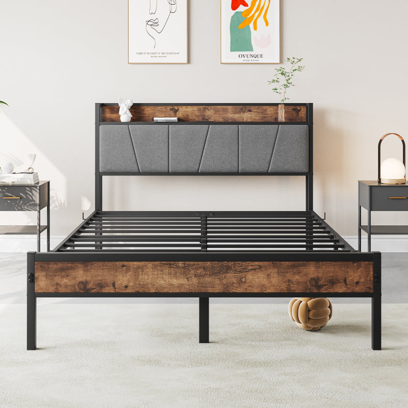 120x200cm Size Bed Frame with Smart LED Lights, Storage Headboard with USB Charging Station, Heavy Duty Metal Slats Support Platform, Noise Free, Easy Assembly, No Box Spring Needed
