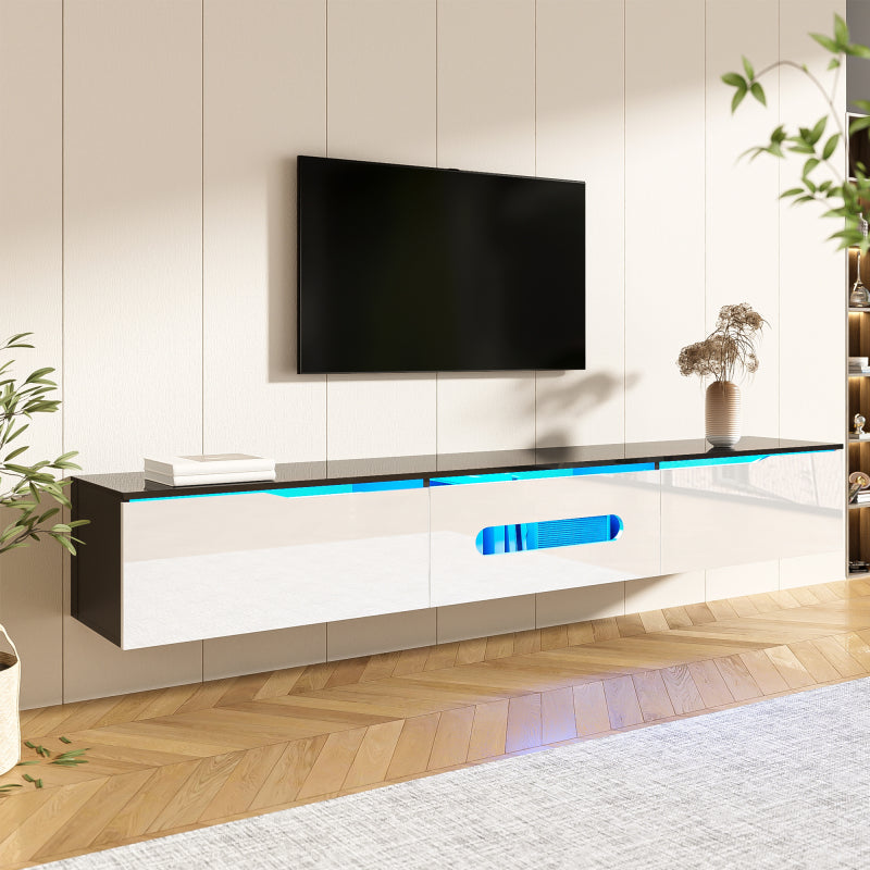 Schwarz-weißer TV-Schrank, 180 cm lang, Hochglanzoberfläche, mit 16-farbiger LED-Beleuchtung, wandmontierbar