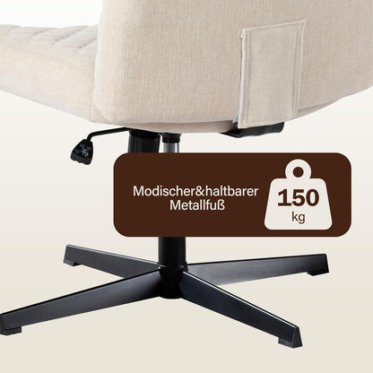 Bürostuhl Ohne Armlehnen,Home Office Stuhl Keine Räder,Heavy Duty Metallbasis,120°Schaukelnder breiter Sitz Ergonomischer Stuhl, Dicken gepolsterte Dreh Eitelkeit Stuhl für Heim und Büro Cream+Linen+Metal