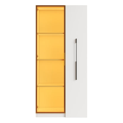 Vitrine 70x40x160cm mit LED-Beleuchtung & Seitenauszug - Weißer Glasschrank mit bernsteinfarbenem Glas, Gold-Akzenten & Rollen