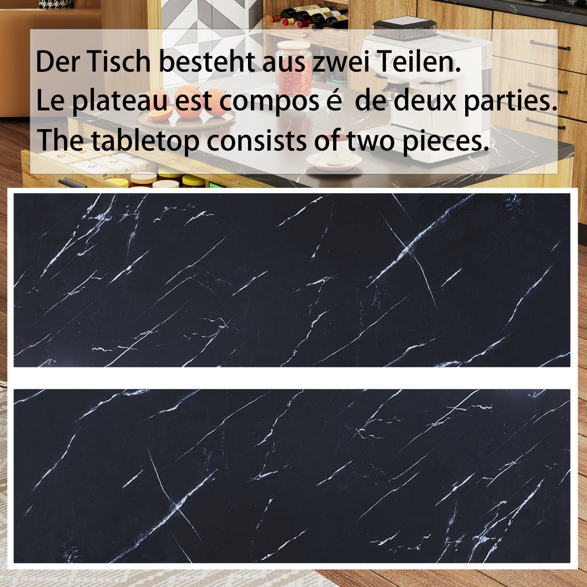 Kücheninsel 120x75 cm (Eiche & Marmor-Optik), Küchentheke mit Sitzplatz, 2 Schubladen, Metallgestell