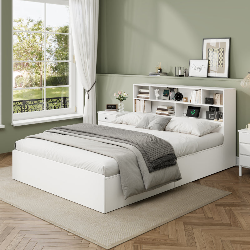 Stauraumbett 140*200cm, Doppelbett,Funktionsbett,Massivholzbett, mit USB-Anschluss, mit Aufbewahrungsbox unter dem Bett, mit Stauraum, ohne Matratze, weiß