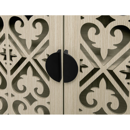 Natürliches Holzfarbener vier Türen Sideboard, mit geschnitztem und durchbrochenem Design, ausgestattet mit drei Einlegeböden. Geeignet für Wohnzimmer, Flur, Esszimmer und Küche.(147.6x40x80cm)