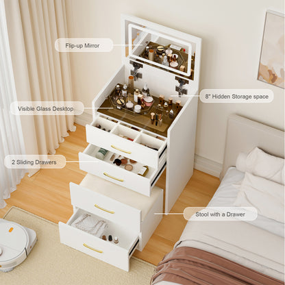3-in-1-Schminktisch mit Klappspiegel, Glastischplatte, 3 Schubladen, Weiß