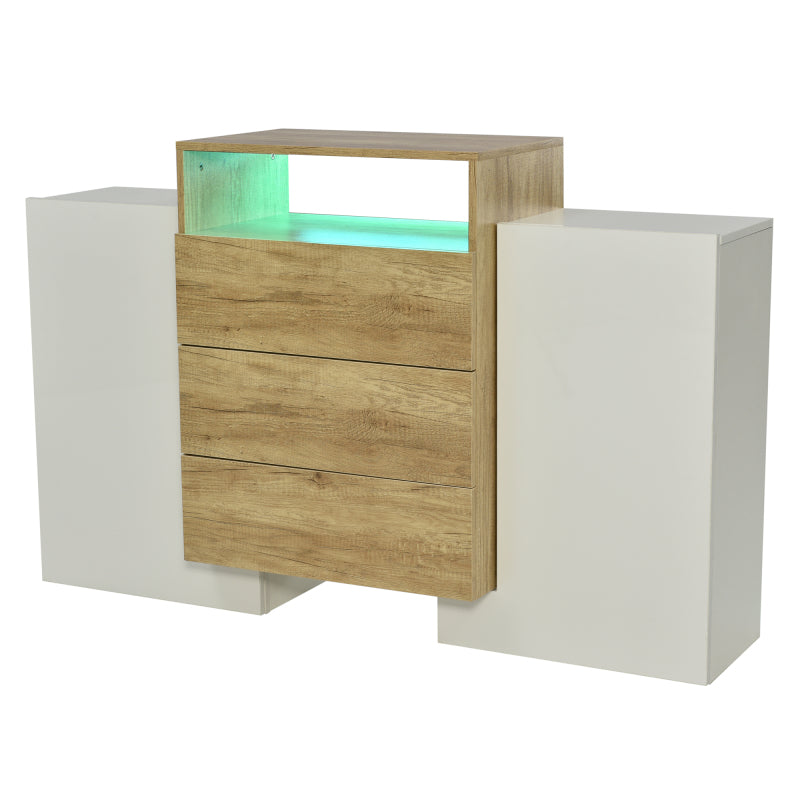 Sideboard, Moderner Kommode, Schrank 140cm, Hochglanz-Weiß und Holzfarbe, Mehrfarbige LED-Lichteffekte. Stilvolle Aufbewahrungslösung (Teilweise glänzende Oberfläche)
