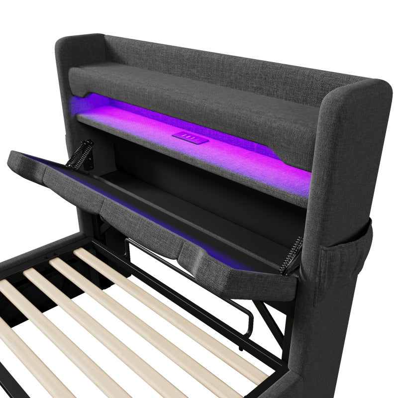 Polsterbett Einzelbett 90*200, Stauraum Kopfteil mit USB und Typ C-Port ,360-Surround-LED-Funktion rund um Kopf- und Fußende des, Betten mit Hydraulisch Stauraum, Grau , Leinen(Mit Matratze)