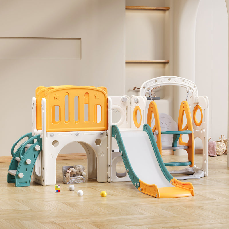 7-in-1-Rutsche für Kinder, bestehend aus Rutsche, Schaukel, Plattform, Unterschrank, Lochbohrspiel, Basketballkorb und Treppe - hochdichtes Polyethylen (Ozeanball nicht enthalten)