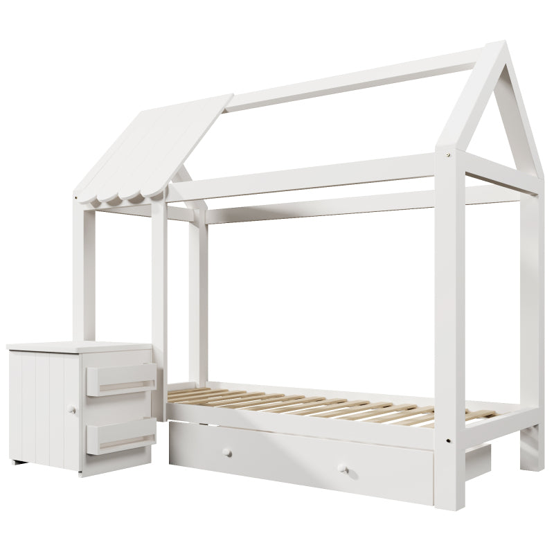 Hausbett Kinderbett 90x200 cm aus Massivholz mit Schubladen & abnehmbarem Nachttisch - Bodenbett in Weiß, ohne Matratze