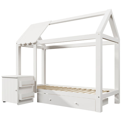 Hausbett Kinderbett 90x200 cm aus Massivholz mit Schubladen & abnehmbarem Nachttisch - Bodenbett in Weiß, ohne Matratze
