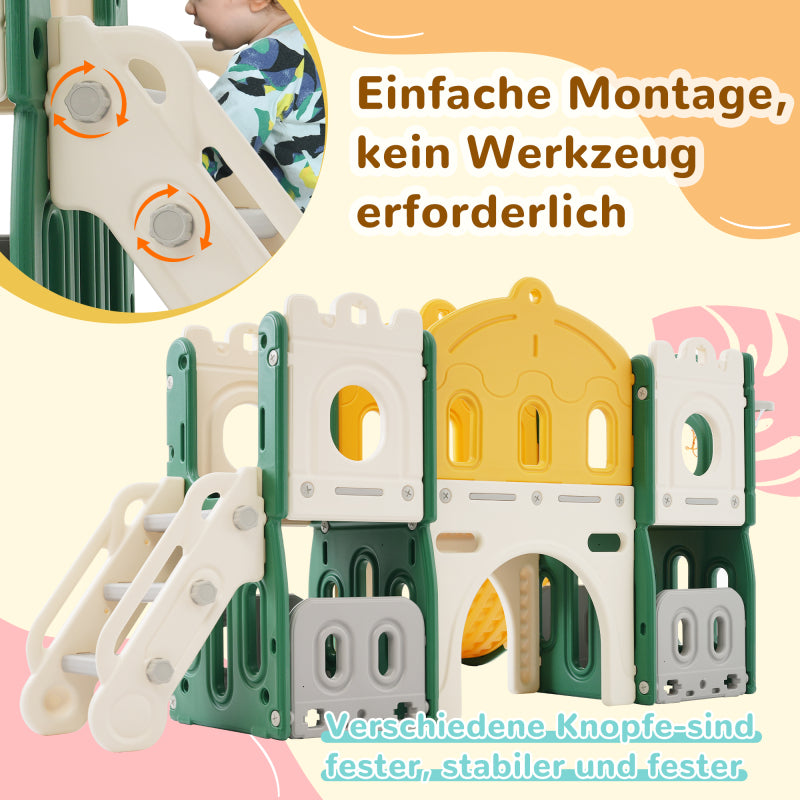 Mein kleines Schloss-Slide Kletterspielzeug für Kinder, 6 in 1 Kinderrutsche, Klettern, Bohrspiel, Stauraum, Spielgang, Basketballrahmen. Hergestellt aus HDPE (Enthält keine Meereskugeln)