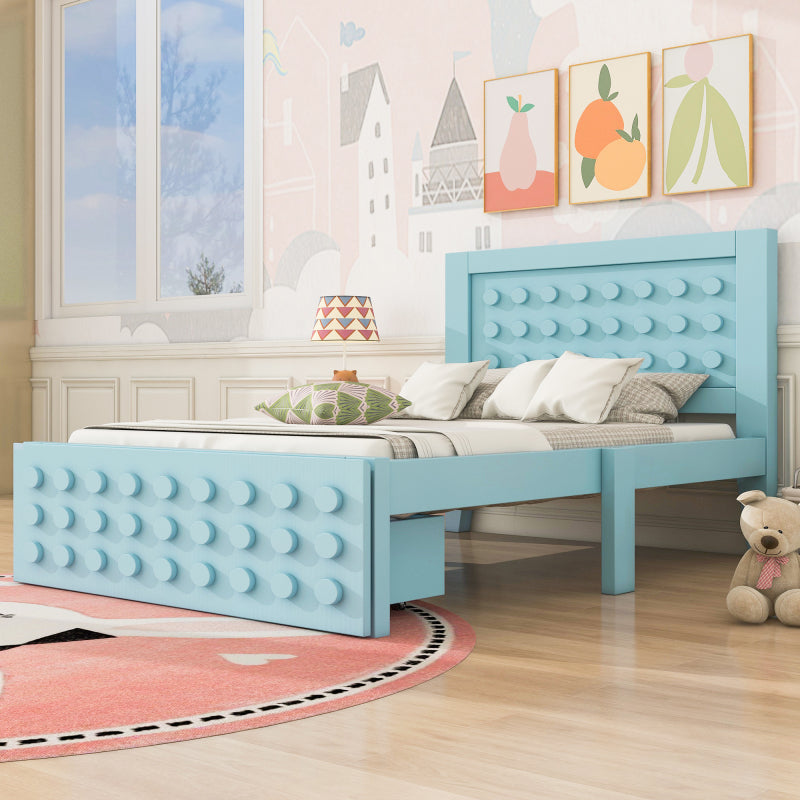 Holzbett Einzelbett 90x200 cm, Kinderbett Jugendbett mit Kreativem Block Design, Massivholz Bettgestell mit Lattenrost, mit Schubladen & Unterm Bett Stauraum, Ohne Matratze