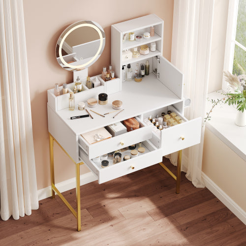 Schminktisch Weiß 80 cm, Frisiertisch mit LED Spiegel, Integrierte Steckdose mit USB & Föhnhalter