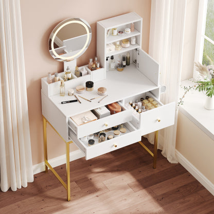 Schminktisch Weiß 80 cm, Frisiertisch mit LED Spiegel, Integrierte Steckdose mit USB & Föhnhalter