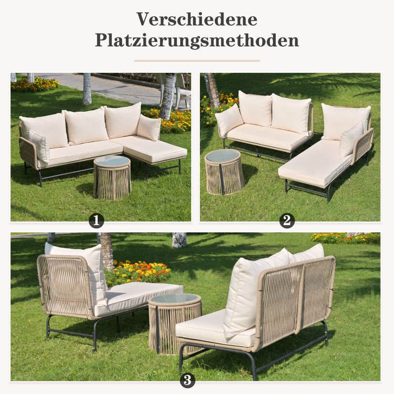 Gartenlounge-Set, Gartenmöbel-Set, Gartenlounge mit Eisengestell und beigem Seilbezug, Gartenmöbel aus gewebtem Seil für den Außenbereich, L-förmiges Gesprächsset mit Tisch, Beige