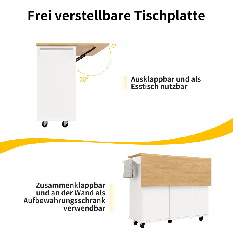 Kücheninsel mit herausnehmbaren Trennwänden, Küchenschrank, Esszimmerwagen mit Arbeitsplatte, Buffetschrank, Esszimmerwagen mit Holzmaserung, ausgestattet mit Snackhalter und Weinglasregal, weiß