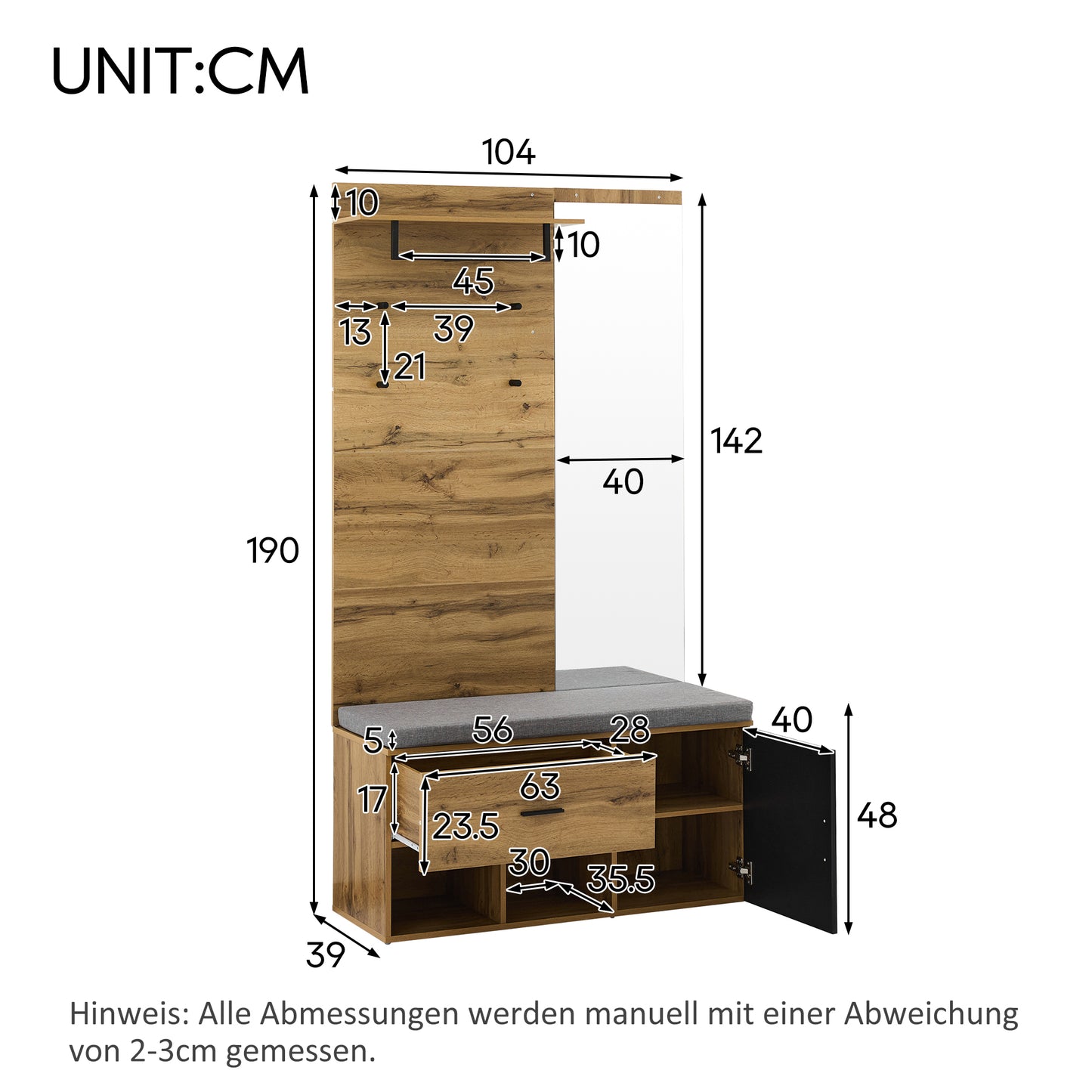Garderoben Set in Holzoptik mit Spiegel, Schuhbank (104 x 39 cm) mit Polster, Schuhschrank, Schublade, Regal, Kleiderhaken – Praktisches Design für den Eingangsbereich