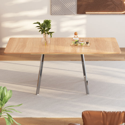 Moderner minimalistischer ausziehbare Esstisch in eleganter Naturfarbe und silber verschromt Beine– 140 cm x 80 cm ausziehar bis 180cm, hochfeste Legierungsstütze, geeignet für 4-6 Personen