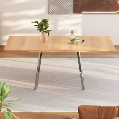 Moderner minimalistischer ausziehbare Esstisch in eleganter Naturfarbe und silber verschromt Beine– 140 cm x 80 cm ausziehar bis 180cm, hochfeste Legierungsstütze, geeignet für 4-6 Personen