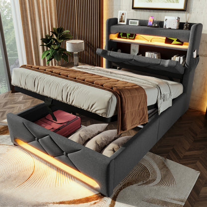 Polsterbett Einzelbett 90*200, Stauraum Kopfteil mit USB und Typ C-Port ,360-Surround-LED-Funktion rund um Kopf- und Fußende des, Betten mit Hydraulisch Stauraum, Grau , Leinen(Ohne Matratze)
