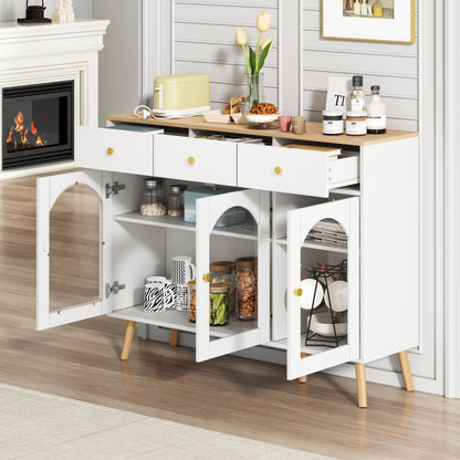 Sideboard mit 3 Schubladen und 3 gebogenen Türen mit breitem Schrank aus gehärtetem Glas für Buffettische in Küchen und Esszimmern, weiß und natur