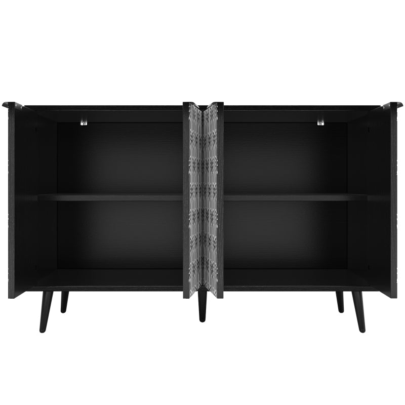 Esszimmerschrank (120×35×78cm), Esszimmer- und Wohnzimmer-Aufbewahrungsschrank, einzigartiges Schranktürdesign, freistehender Schrank, Antidumping, Fischgrätenmuster, geschnitzte Tür, schwarz