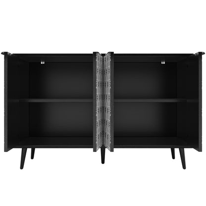 Esszimmerschrank (120×35×78cm), Esszimmer- und Wohnzimmer-Aufbewahrungsschrank, einzigartiges Schranktürdesign, freistehender Schrank, Antidumping, Fischgrätenmuster, geschnitzte Tür, schwarz