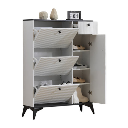 Schuhschrank mit 3 Klappen, 1 Schublade und 1 Tür, Schuhregal, Schuhkipper schmal, Schuhschrank weiß