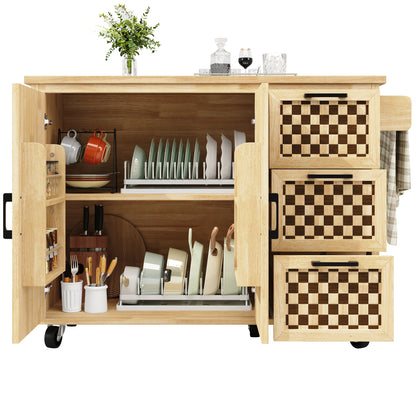 Kücheninsel 120x75cm klappbar Servicewagen mit Rollen, Buffetschrank Natur Holzoptik, Schachbrettmuster, 3 Schubladen & Handtuchhalter