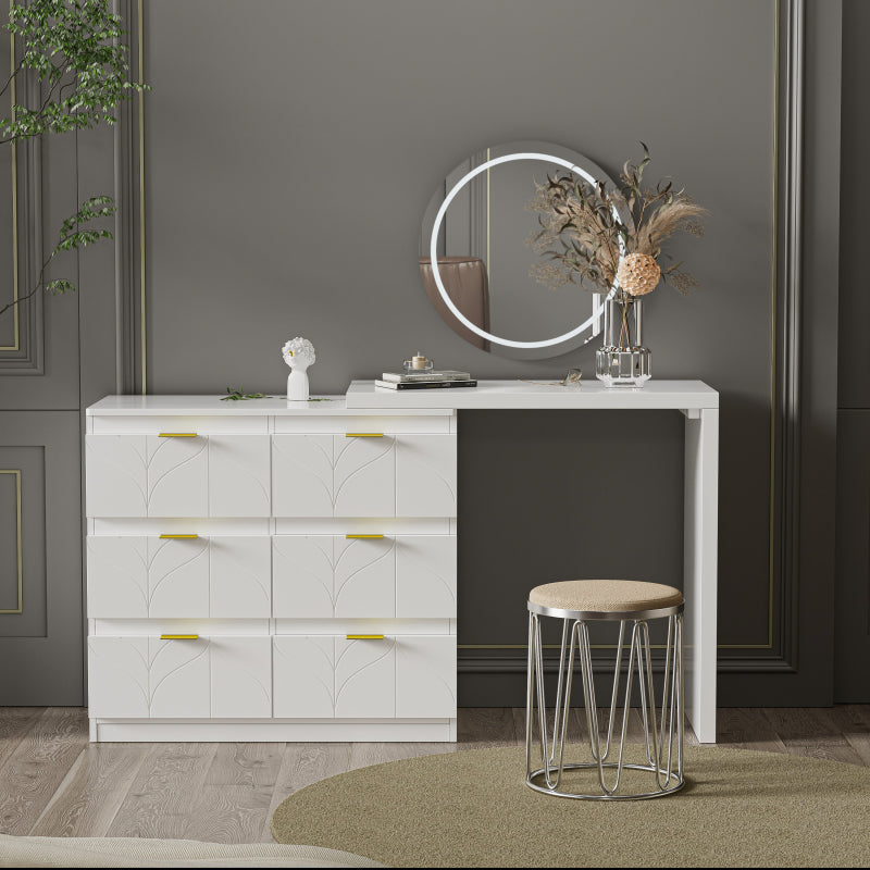 Schminktisch mit Beistelltisch,Bürotisch mit 6 Schubladen,Vergoldeten Griffen,drehbare Tischplatte(180°),lackiert,Blumenmuster,stoßfeste abgerundete Ecken,40T*73H,Weiß (ohne Spiegel und Hocker)