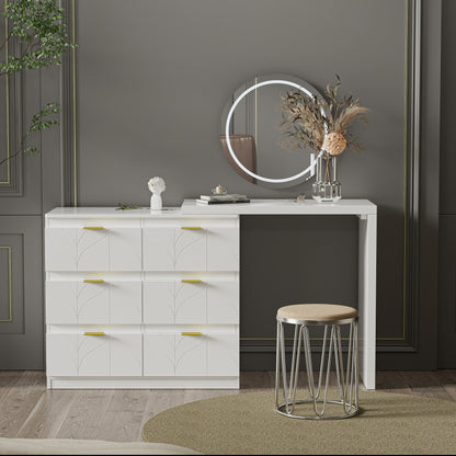 Schminktisch mit Beistelltisch,Bürotisch mit 6 Schubladen,Vergoldeten Griffen,drehbare Tischplatte(180°),lackiert,Blumenmuster,stoßfeste abgerundete Ecken,40T*73H,Weiß (ohne Spiegel und Hocker)