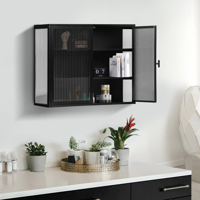 70CM Glastüren Moderner zweitüriger Wandschrank mit dreistufiger Lagerung für Eingangsbereich Wohnzimmer Badezimmer Esszimmer(Black)