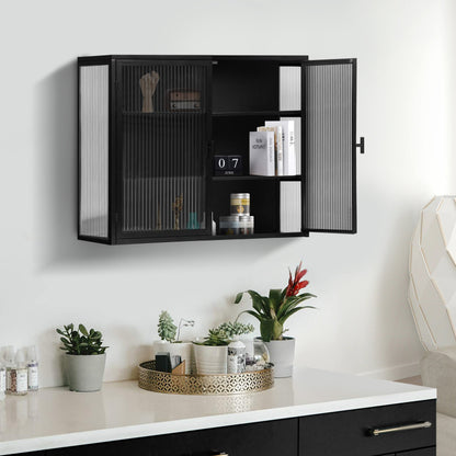 70CM Glastüren Moderner zweitüriger Wandschrank mit dreistufiger Lagerung für Eingangsbereich Wohnzimmer Badezimmer Esszimmer(Black)