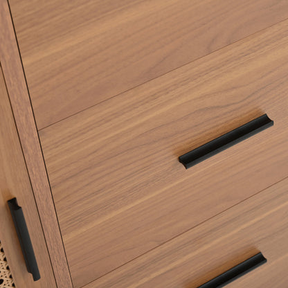 Sideboard 140 cm Natur, Kommode mit Rattan-Schiebetüren