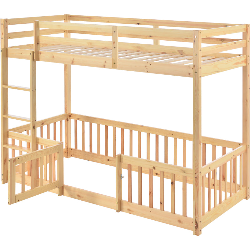Etagenbett mit rechtwinkliger Treppe, Bett mit Zäune und Türchen, Kinderbett mit Fallschutz und Gitter, Massivholz, natur (200x90cm)