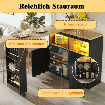 Ausziehbarer Bartisch 135-205cm mit LED & USB, Mobiler Hochtisch Schwarz, Teleskop-Kücheninsel mit Glas-Schiebetür & Soft-Close, Gestreift
