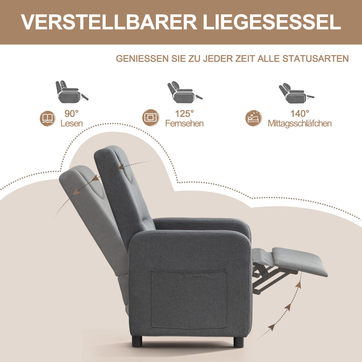 Relaxsessel Fernsehsessel Ruhesessel Liegesessel mit Liegefunktion Verstellbar Dunkelgrau