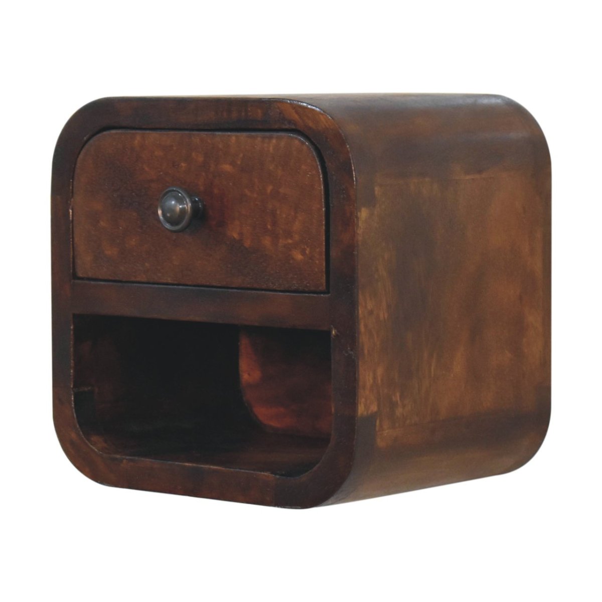 Schwebender Mini-Nachttisch aus Massivholz – Kastanienbraun, 1 Schublade & offenes Fach, Wandmontage, Handgefertigt, 20x17x20 cm
