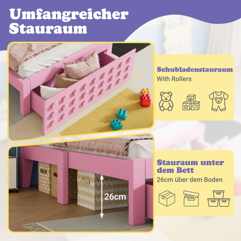 Holzbett Einzelbett 90x190 cm, Kinderbett Jugendbett mit Kreativem Block Design, Massivholz Bettgestell mit Lattenrost, mit Schubladen & Unterm Bett Stauraum, Rosa, Ohne Matratze
