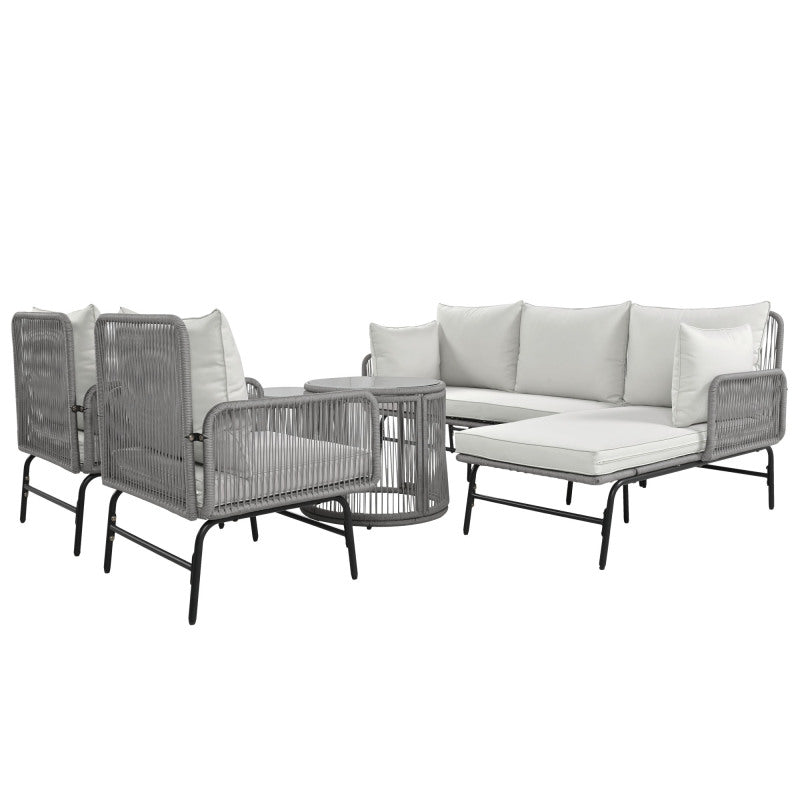 Gartenlounge-Set, Gartenmöbel-Set, Mit Eisenrahmen und grauem Seil, Gartenmöbel aus gewebtem Seil für den Außenbereich, Grau, Zwei Sessel, zwei 2-Sitzer-Sofas und zwei Tische (alle Kissen inklusive)