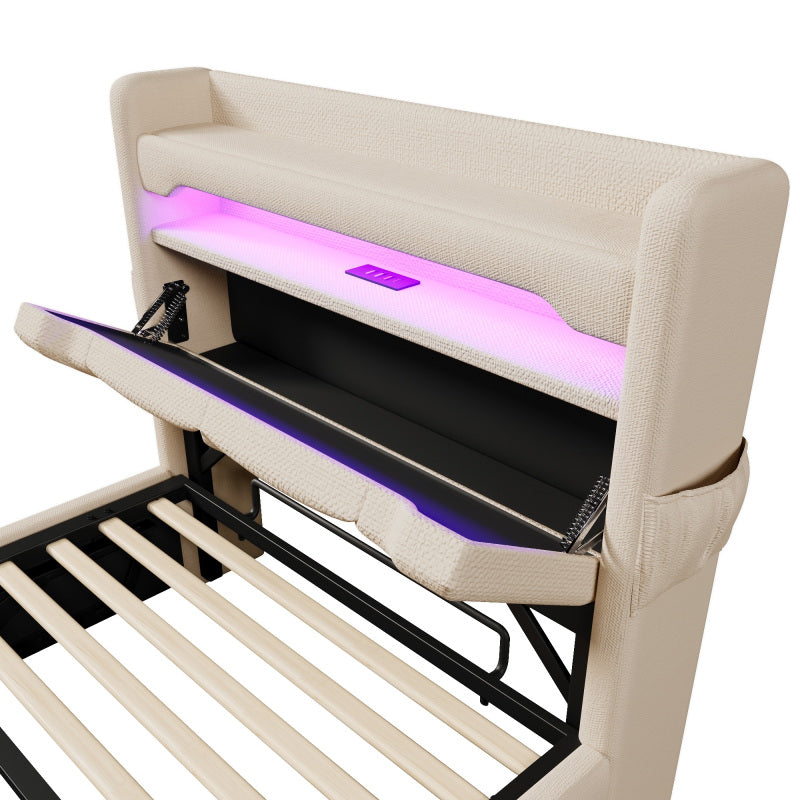Polsterbett Einzelbett 90*200, Stauraum Kopfteil mit USB und Typ C-Port ,360-Surround-LED-Funktion rund um Kopf- und Fußende des, Betten mit Hydraulisch Stauraum, Beige , Leinen(Ohne Matratze)