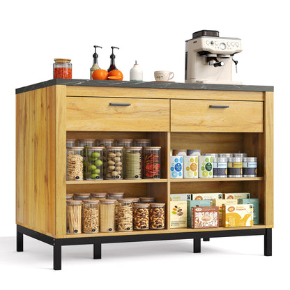 Kücheninsel 120x75 cm (Eiche & Marmor-Optik), Küchentheke mit Sitzplatz, 2 Schubladen, Metallgestell