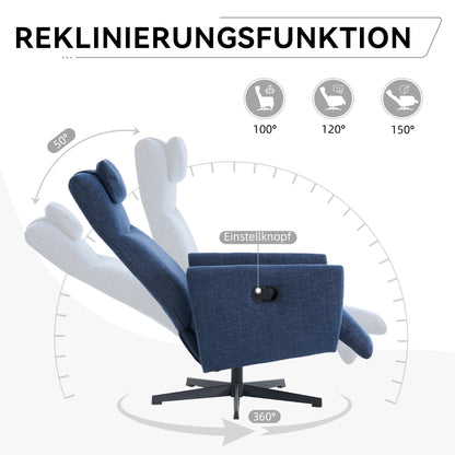 Bequemer Relaxsessel mit Liegefunktion – Chenille Fernsehsessel mit Fußstütze, drehbarer Stillsessel & Loungesessel für Wohnzimmer, modernes Sofa, Blau
