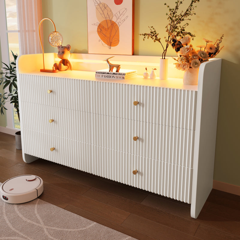 Sideboard, Kommode mit LED-Beleuchtung und 6 Schubladen, Wellenförmiges Rillendesign, Moderner Schrank für Wohnzimmer und Schlafzimmer, 120x40x75cm, Weiß