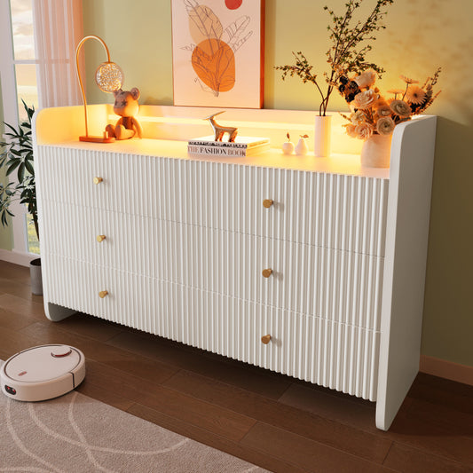 Sideboard, Kommode mit LED-Beleuchtung und 6 Schubladen, Wellenförmiges Rillendesign, Moderner Schrank für Wohnzimmer und Schlafzimmer, 120x40x75cm, Weiß